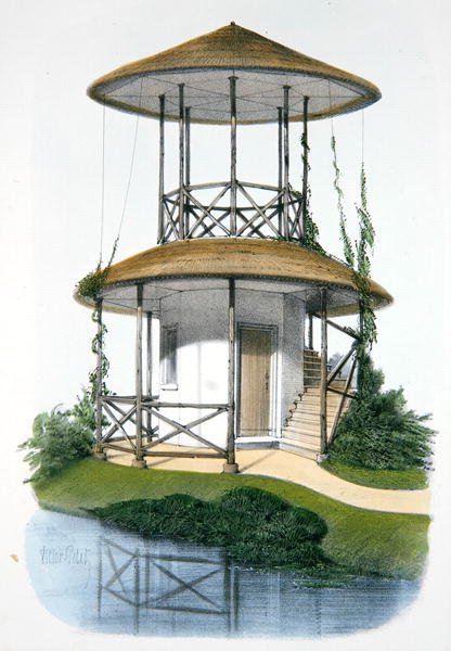 Egy rusztikus pavilon kilátóval, illusztráció a "Habitations Champetres" című, Párizsban, 1895 körül kiadott könyvből (kromolito) alkotó: Victor Jean Baptiste (after) Petit