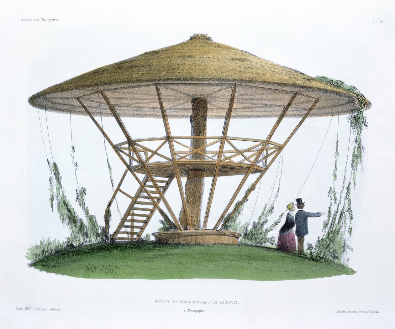 Robinson napernyője, Parc de la Motte, Burgundia, a "Habitations Champetres"-ből, Becquet Brothers metszete, 1855 körül alkotó: Victor Jean Baptiste Petit