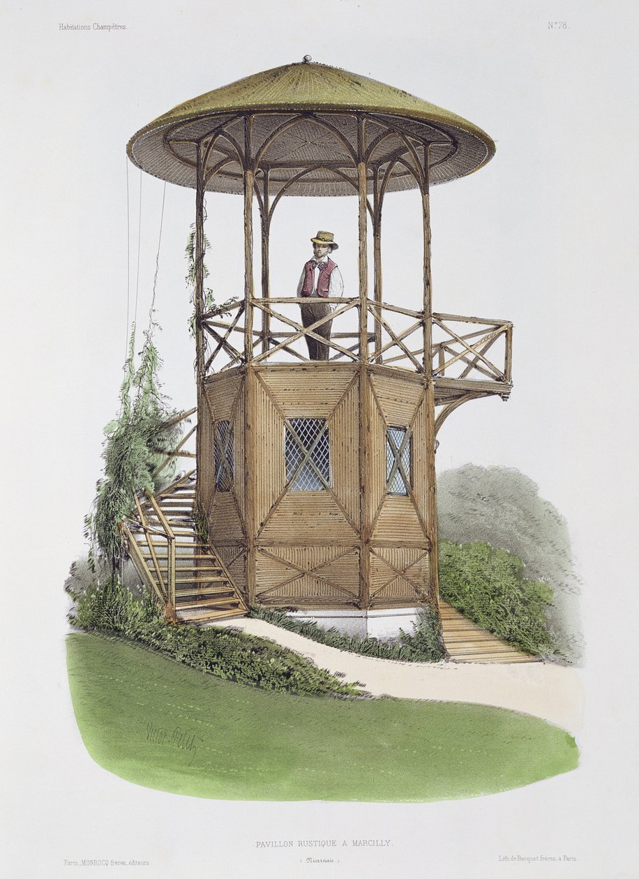 Rusztikus pavilon Marcillyben, a "Habitations Champetres"-ből, metszet: Beaquet Freres, 1855 körül. alkotó: Victor Jean Baptiste Petit
