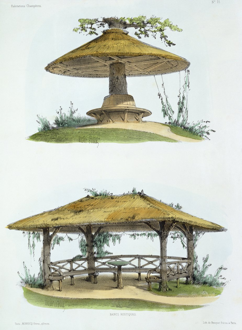 Rusztikus padok, a „Habitations Champetres”-ből, 1855 körül (kromolitográfia) alkotó: Victor Jean Baptiste Petit