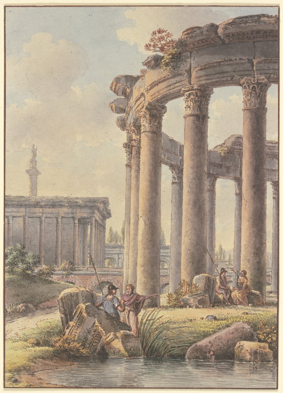 Építészeti capriccio: egy körtemplom romjai, a háttérben Traianus oszlopa alkotó: Victor Jean Nicolle