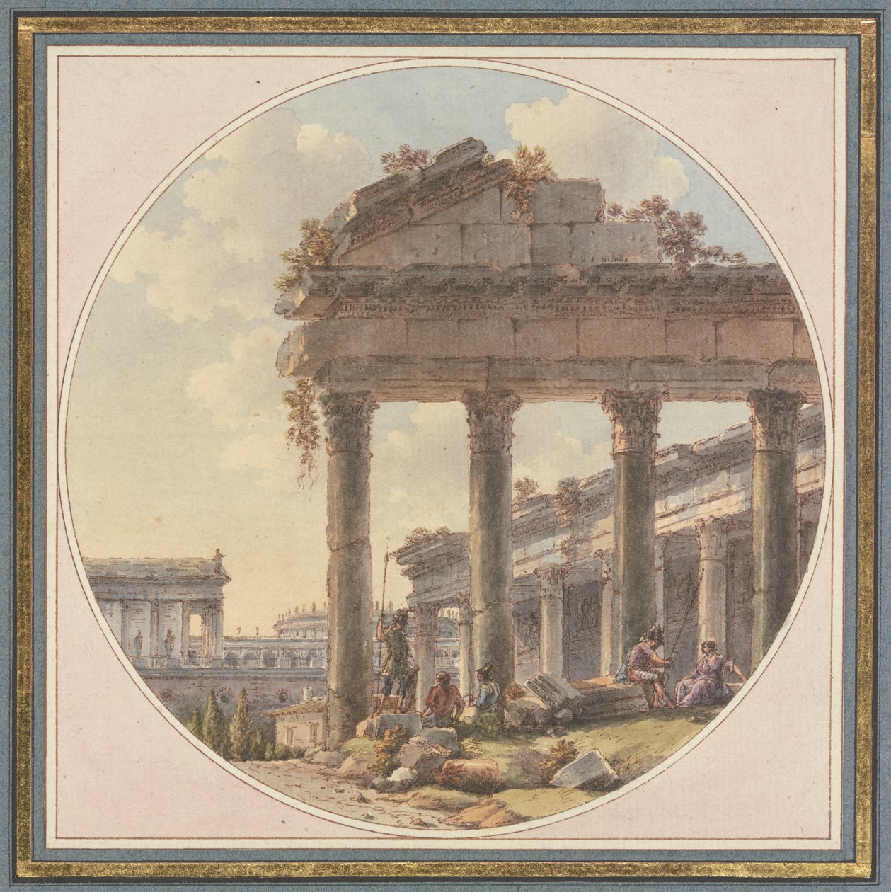Építészeti capriccio: templomrom és staffázsalakok alkotó: Victor Jean Nicolle