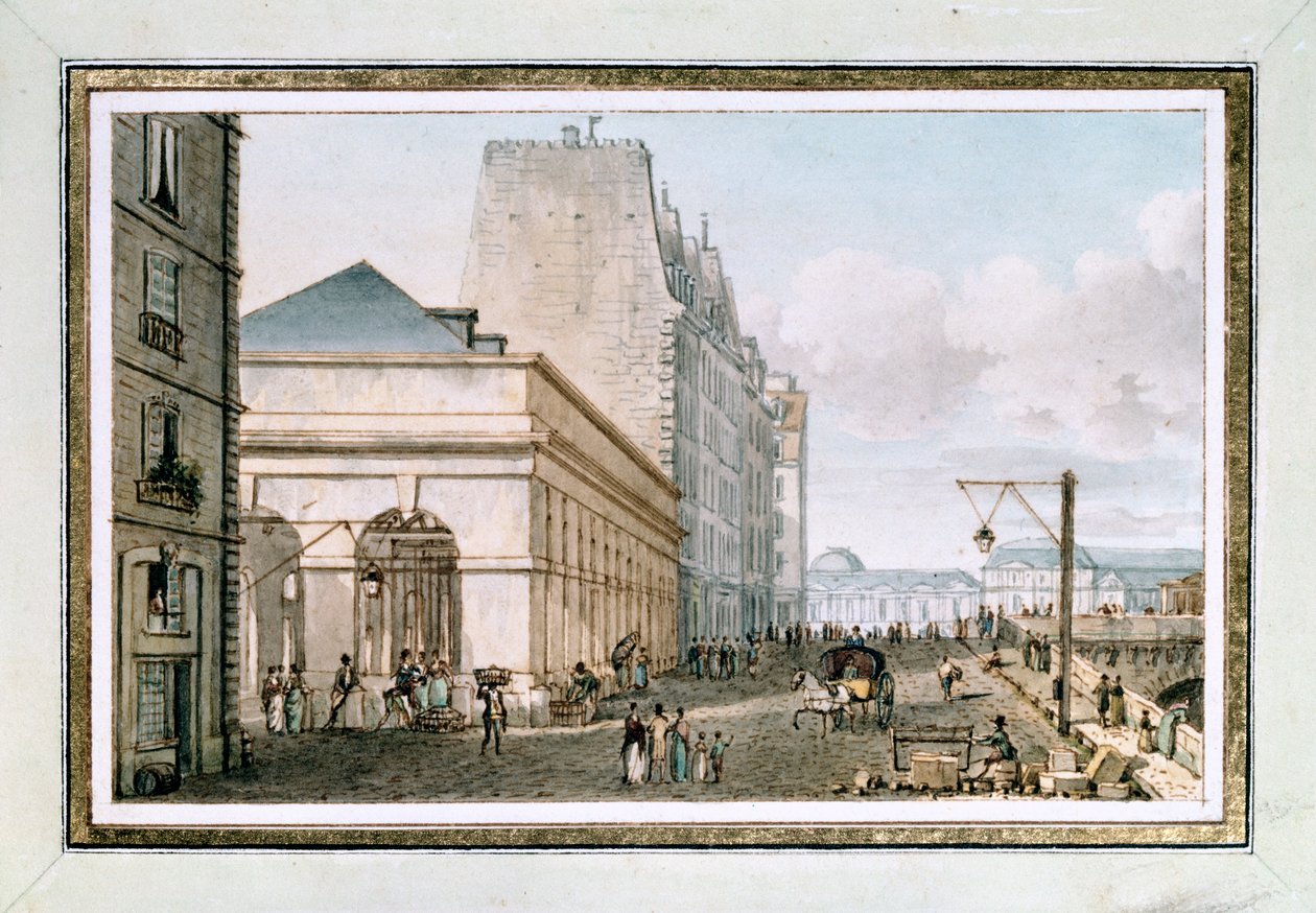 Kilátás az új baromfipiacra, amely a Quai des Augustins-on, a Pont-Neuf közelében található, Párizs, kb. 1810 (akvarell) alkotó: Victor Jean Nicolle