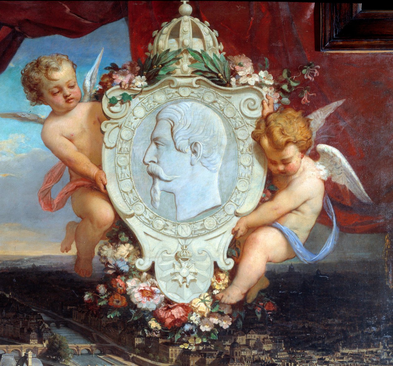 Részlet: „” III. Napóleon Louvre” „” A Palais du Louvre látképe és III. Napóleon (1808-1873) portréja medálban”” Victor Joseph Chavet (1822-1906) festménye 1857 V. 2,12 x 2,22 m Párizs, Louvre Múzeum. alkotó: Victor Joseph Chavet