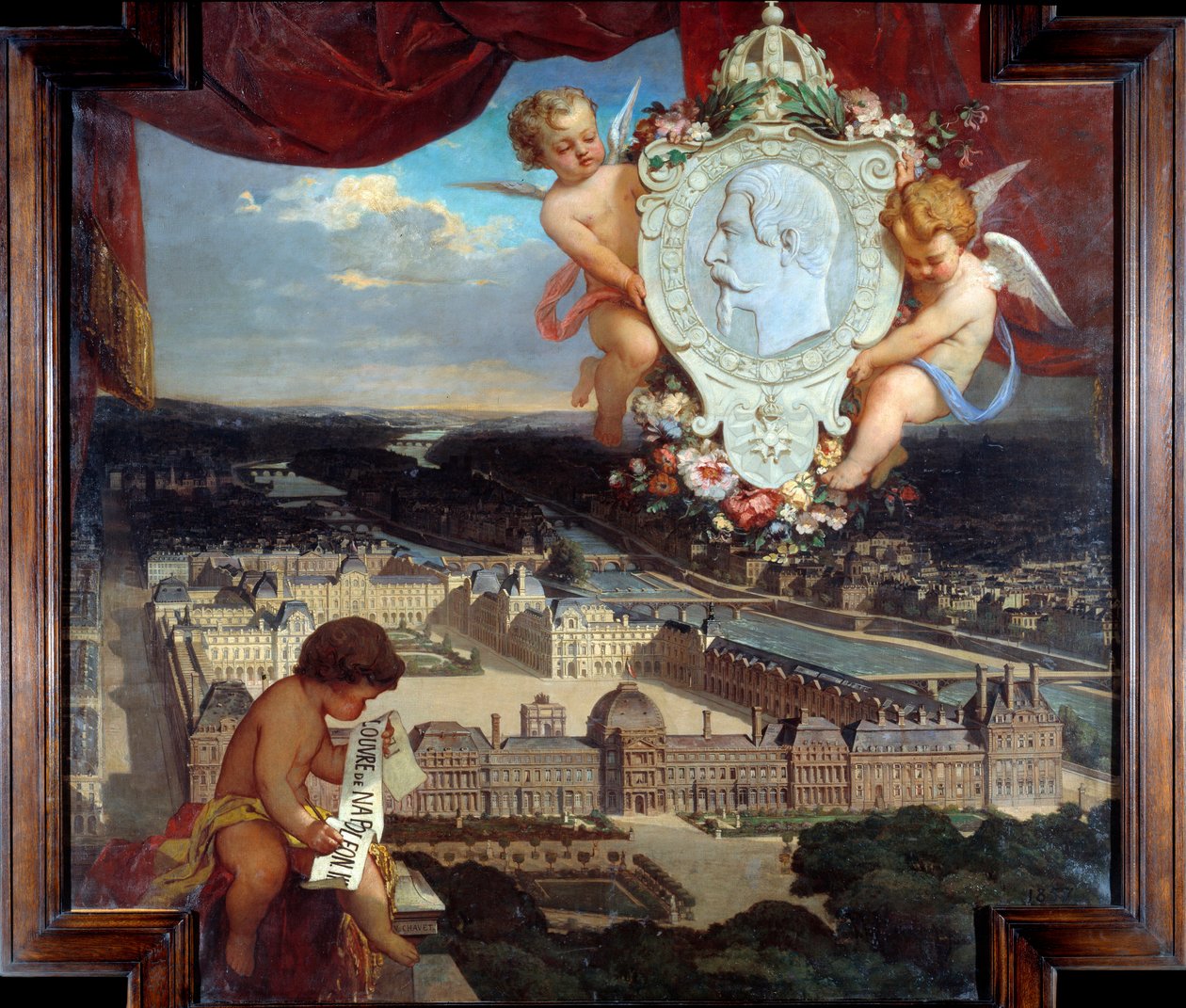 III. Napóleon Louvre „” A Palais du Louvre látképe és III. Napóleon (1808-1873) portréja medálban”” Victor Joseph Chavet (1822-1906) festménye 1857 V. 2,12 x 2,22 m Párizs, Musee du Louvre. alkotó: Victor Joseph Chavet