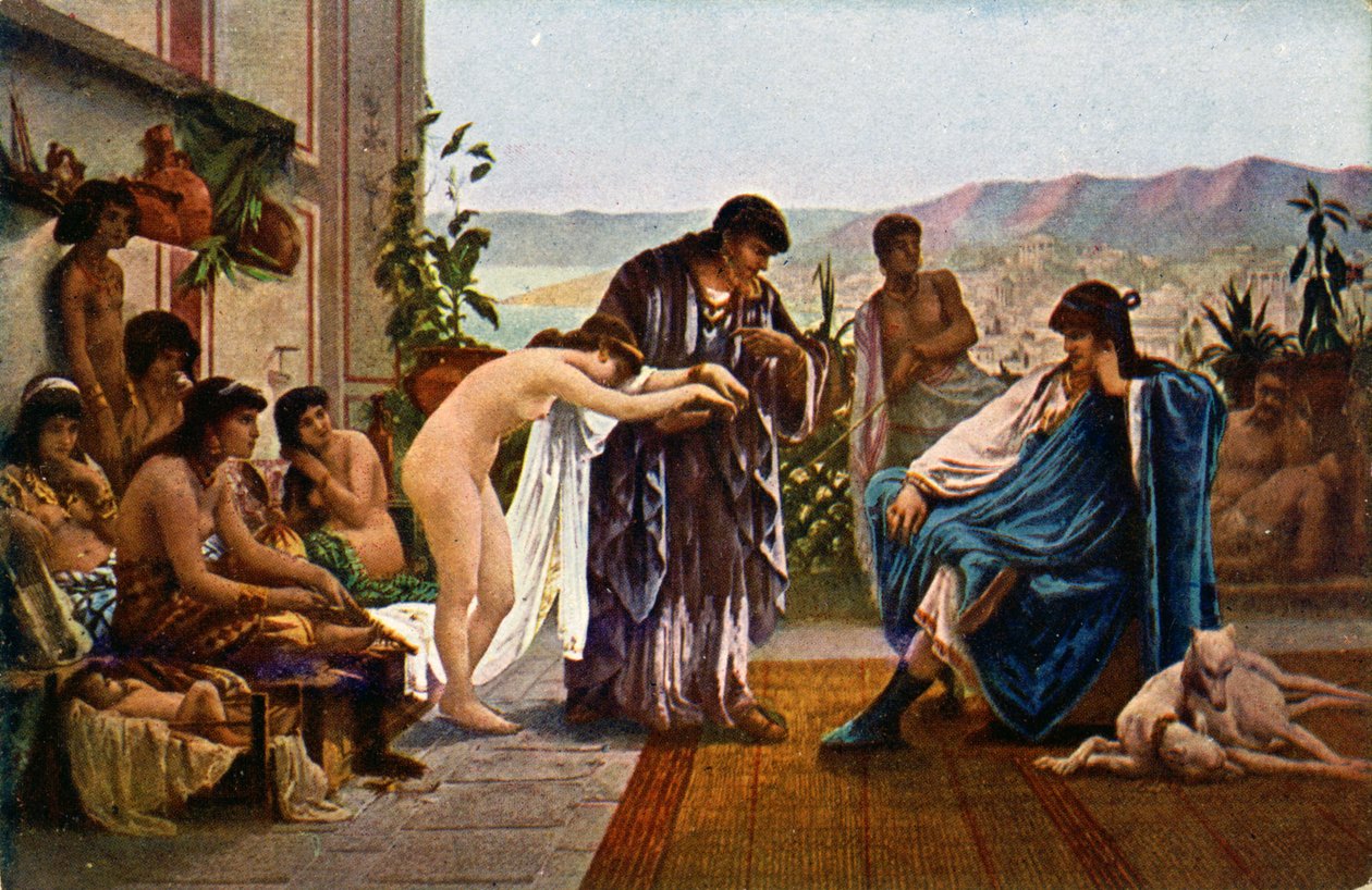 Történelem. Az ókori Róma. Rabszolgakereskedő. Illusztráció: V. Giraud, Cseh Köztársaság, 1910 körül (képeslap) alkotó: Victor Julien Giraud