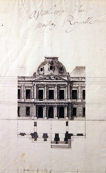 Egy királyi ház homlokzatának terve (toll és tinta szürke tusokkal) alkotó: Victor Louis