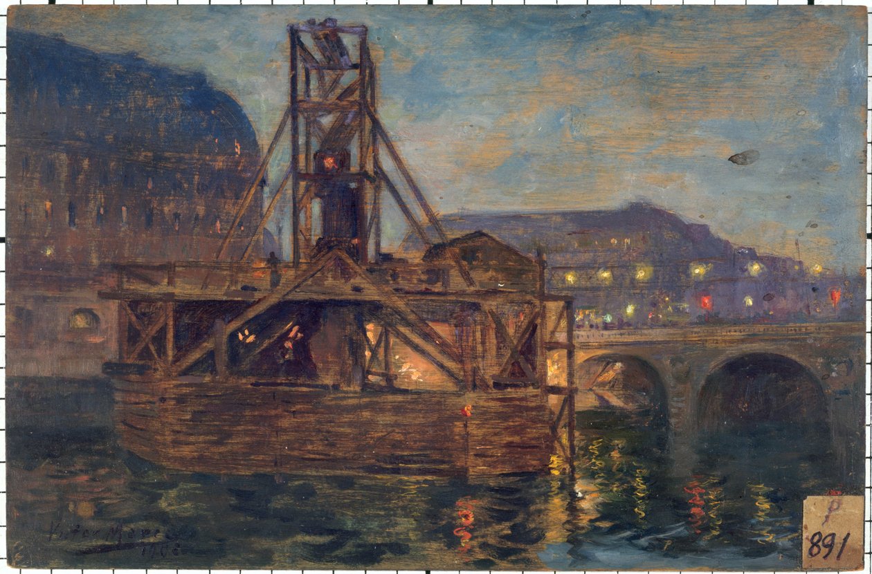 Les travaux du métropolitain au pont Saint-Michel en 1906, in 11-1906 (olaj, fa) alkotó: Victor Marec