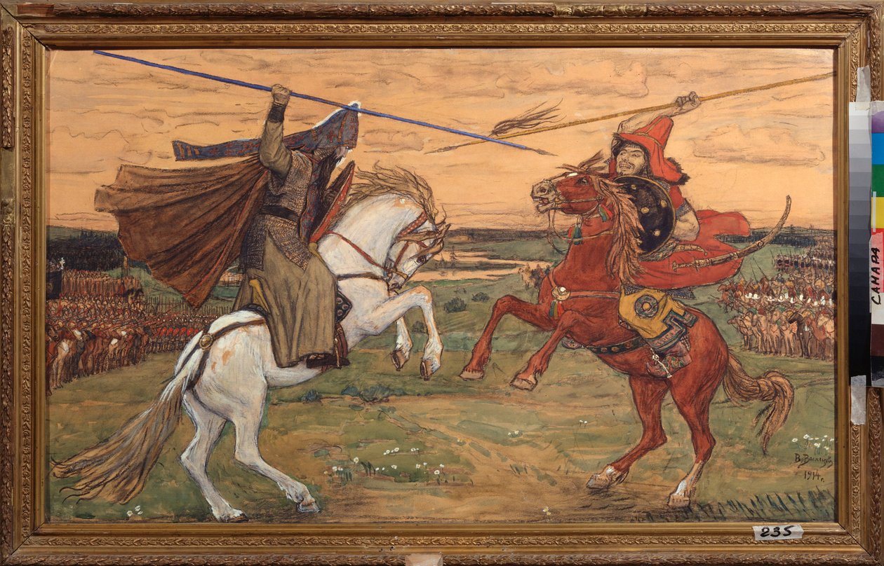 Alexander Peresvet és a tatár Chelibey (vagy Chelubey, Temir Mourza (Temir-Mourza)) párharca a Kulikovo-síkságon 1380-ban, az oroszok és az Aranyhorda csatája során (Peresvet és Temir Murza (Temir-Murza) egyharca) a Kulikovo-n alkotó: Victor Mikhailovich Vasnetsov