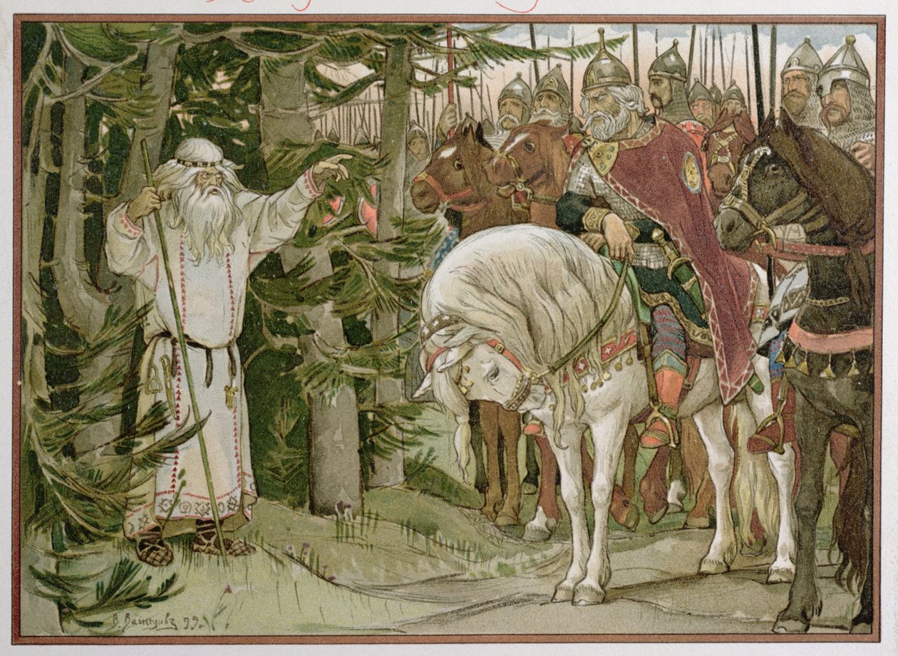 Oleg herceg (i.h. 912) találkozik a jósnővel, aki megjövendöli, hogy az ő lova lesz a halálának oka, illusztráció a Bölcs Oleg énekéből. 1899 alkotó: Victor Mikhailovich Vasnetsov