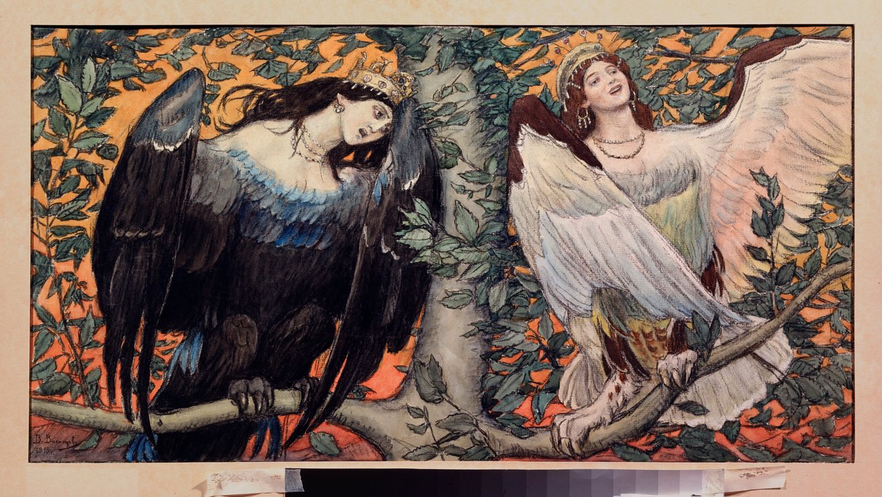 Sirin és Alkonost, A Song of Joy and Sorrow (Sirin and Alkonost, A Song Of Joy And Sorrow) Prófétai madarak női arccal az orosz folklórból - Viktor Mihajlovics Vasnyecov (1848-1926) alkotása, akvarell papíron alkotó: Victor Mikhailovich Vasnetsov