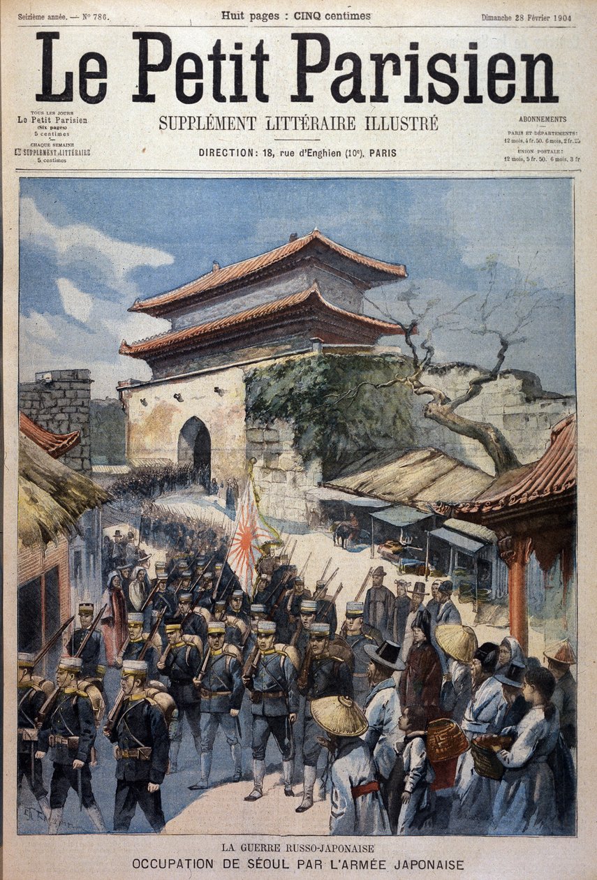 A japán hadsereg elfoglalja Szöult, Korea - Metszet a Le Petit Parisienből, 1904.02.28. alkotó: Victor Mottez