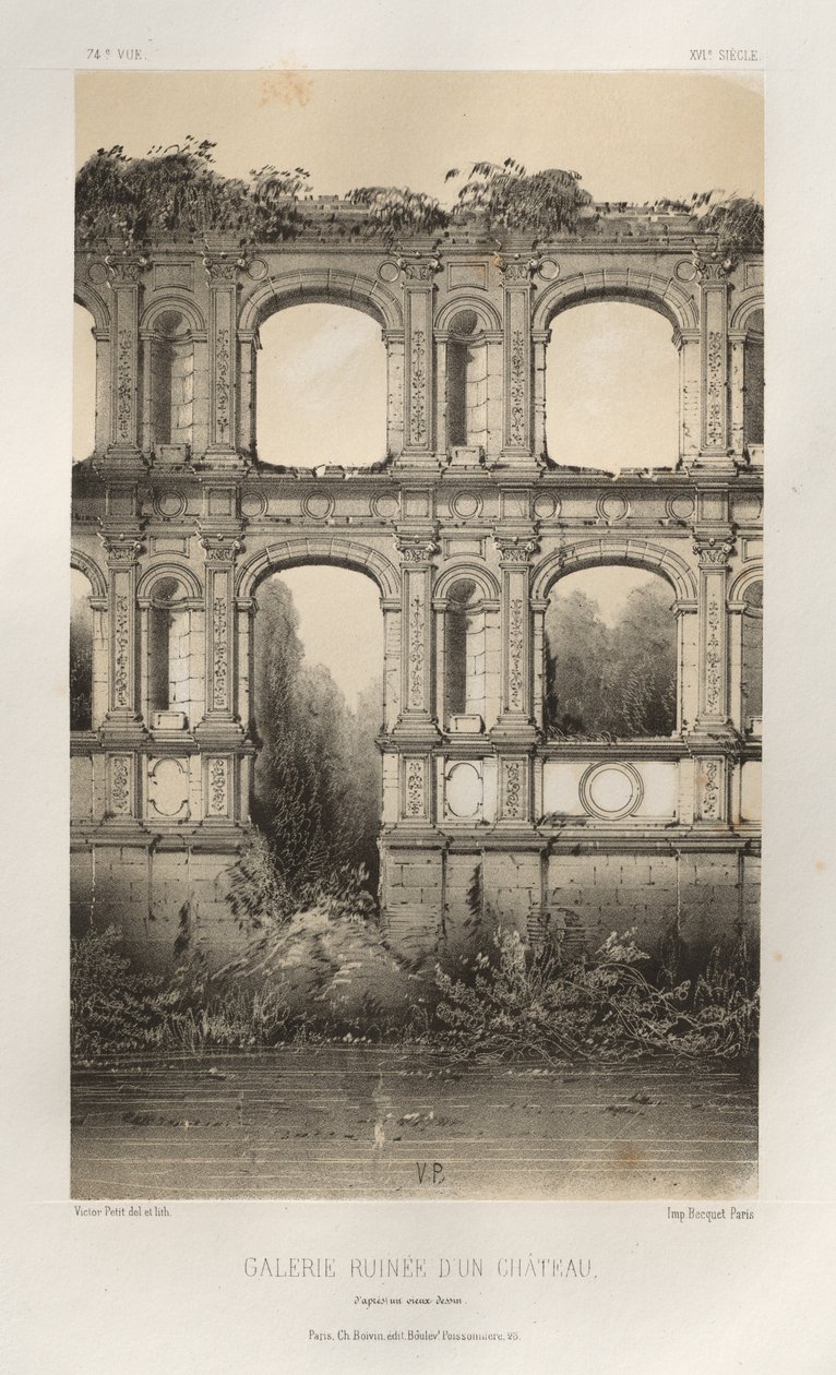 Festői építészet vagy a 15. századi műemlékek. És XVI. Századok: XV. és XVI. századi francia kastélyok: 74. sz., Egy kastély romgalériája, régi rajz alapján alkotó: Victor Petit