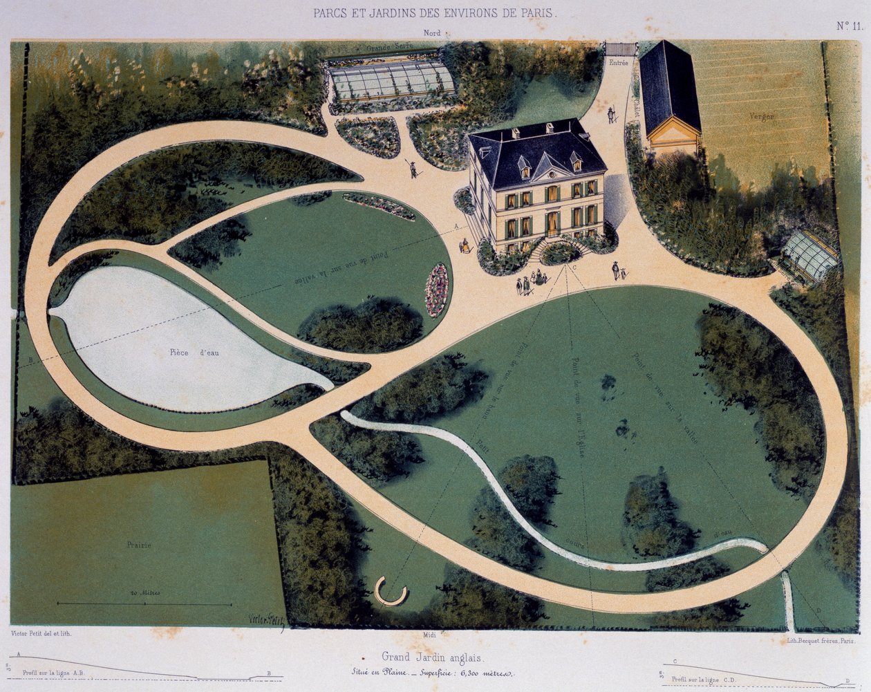 Nagy, 6300 négyzetméteres angolkert, Az illusztráció a Parcs et Jardins des environs de Paris-ból (Párizs körüli parkok és kertek), 1850 körül, Victor Petit (1818-1871) litográfiája, Franciaország alkotó: Victor Petit