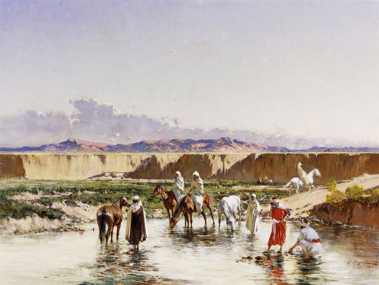 Arab lovasok öntöznek egy oázisban, alkotó: Victor Pierre Huguet