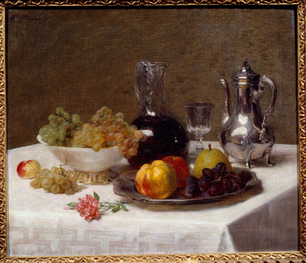 Asztali sarok Gyümölcscsendélet (szőlő, birs és körte), evőeszközök és boroskancsó. Victoria Dubourg (1840-1926) festménye 20. század V. 0,52x0,63 m Grenoble, Musee des Beaux Arts alkotó: Victoria Dubourg