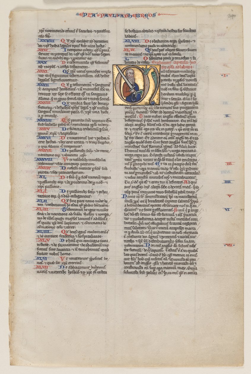 Levél iniciáléval egy latin Bibliából: Initial M: Szent Pál karddal és könyvvel alkotó: Vienna Moralized Bible Workshop