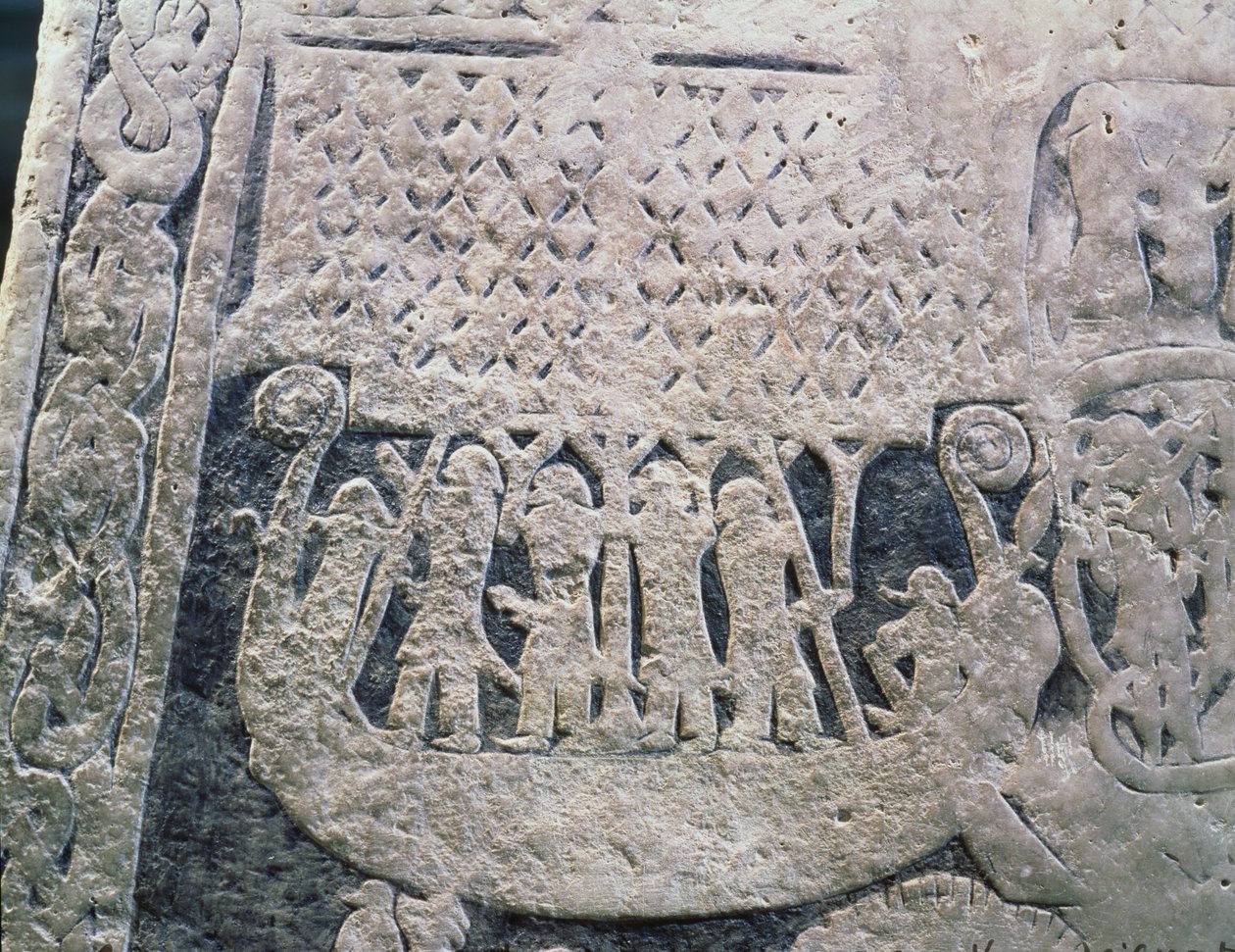 Az elhunyt utolsó útját ábrázoló képkő részlete a Gotland-szigeti kőből alkotó: Viking
