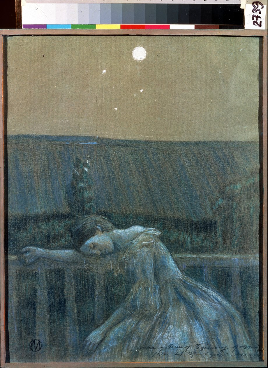 ""A bánat"" (Bánat) Egy kétségbeesett fiatal lány korlátnak dőlve. Viktor (Victor) akvarell és pasztell Elpidiforovics Boriszov-Muszatov (Boriszov Muszatov) (1870-1905) (szimbolika) 1903 Állami Történeti és Művészeti Múzeum Serpukhov (Serpukhov). alkotó: Viktor Elpidiforovich Borisov Musatov