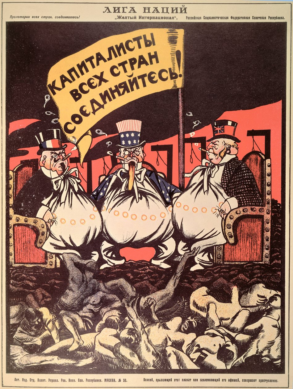 "A Népszövetség: A világ kapitalistái egyesüljenek" V. Polonski "Az orosz forradalmi plakátból" alkotó: Viktor Nikolaevich Deni