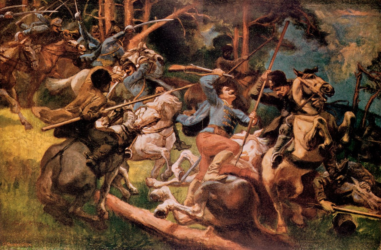 A magyar huszárok és orosz kozákok harca a Kárpátokban 1915-ben alkotó: Viktor Tardos