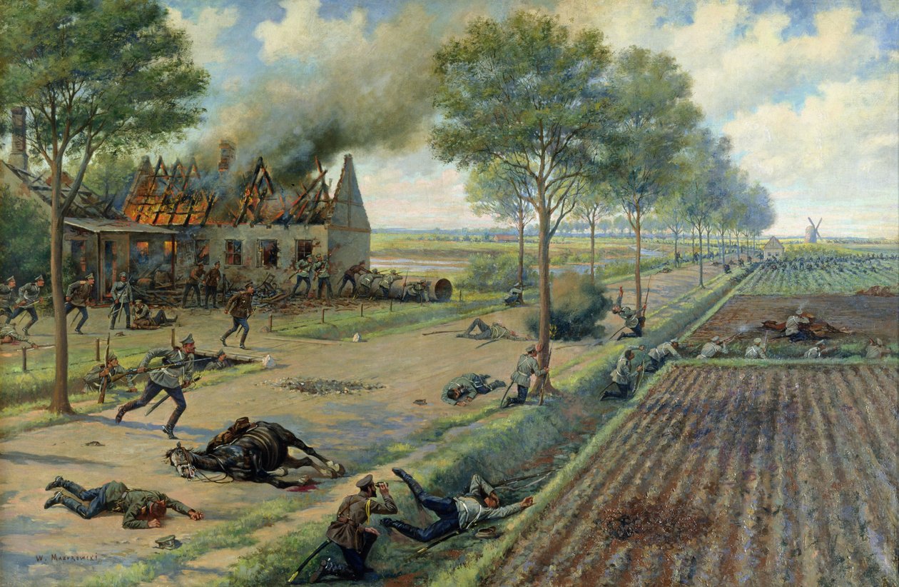 Az orosz lovasság a németek ellen harcolva egy faluban 1915-ben, 1915-1916 körül (olaj, vászon) alkotó: Viktor Viketyevich Masurovsky