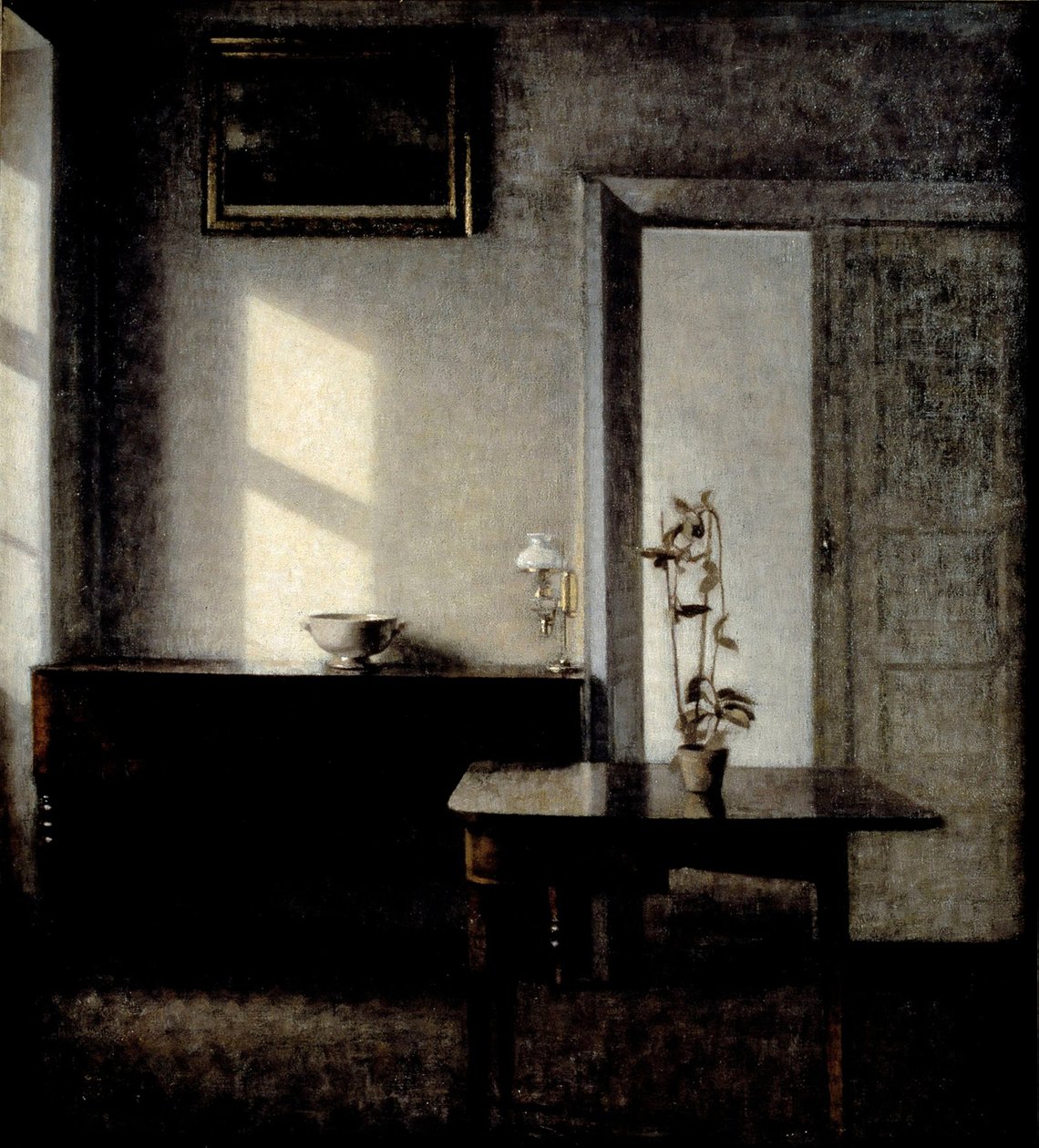 Belső cserepes növénnyel a kártyaasztalon, 1910-1911 alkotó: Vilhelm Hammershøi
