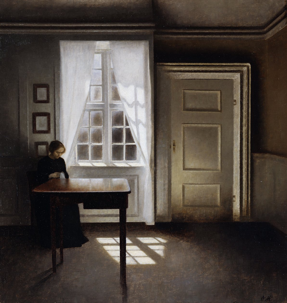 Egy nő varr egy belső térben alkotó: Vilhelm Hammershoi