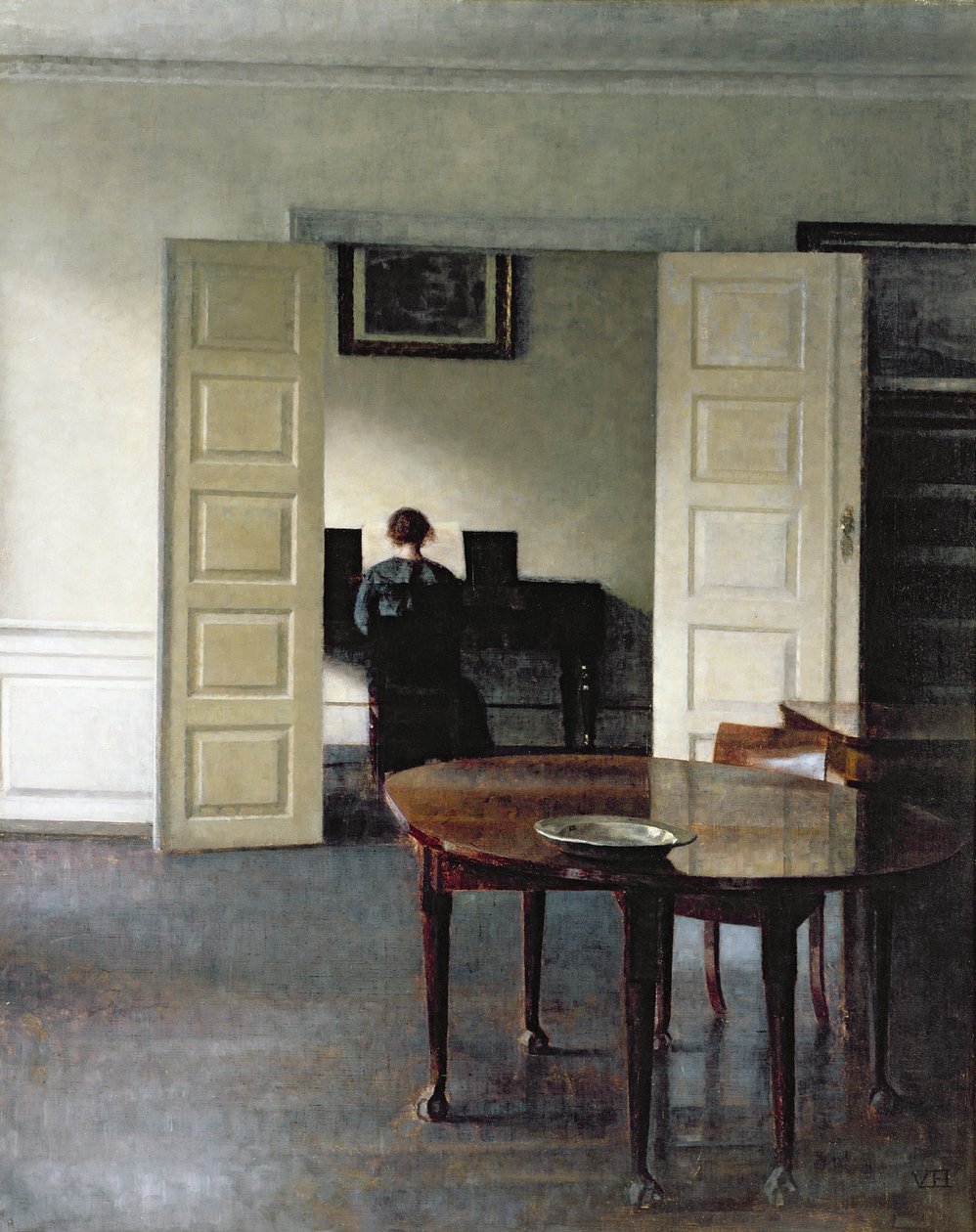 Belső tér egy zongorázó nővel, 1910 alkotó: Vilhelm Hammershoi