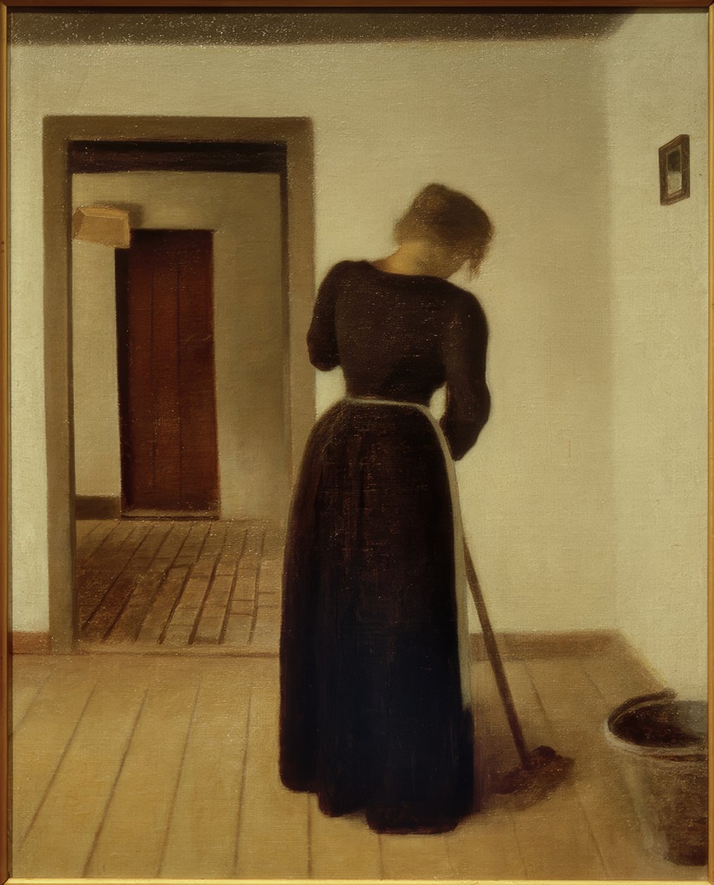 Belső egy fiatal nő söprés alkotó: Vilhelm Hammershoi