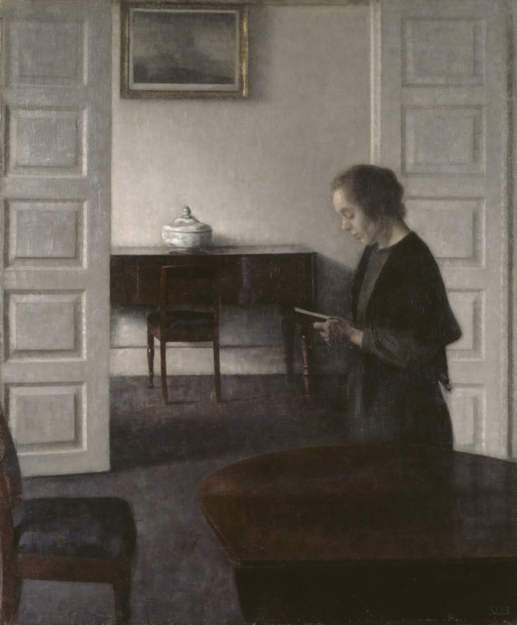 Belső egy hölgy olvasóval, 1900 körül (olaj, vászon) alkotó: Vilhelm Hammershoi