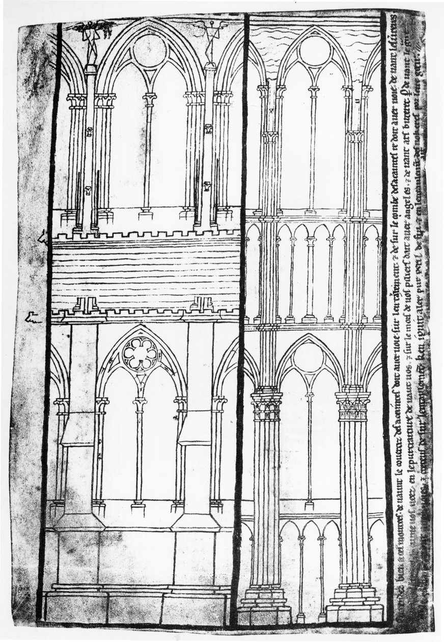 Ms Fr 19093 fol.31v fakszimile másolata a reimsi székesegyház oldalfalainak külső és belső domborzatáról alkotó: Villard de Honnecourt