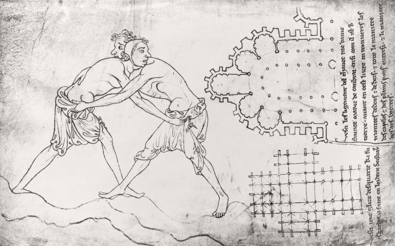 Ms.Fr.19093 fol.14v Két birkózó, egy ciszterci templom terve és a Notre-Dame de Cambrai kórusának terve (fakszimile másolat) alkotó: Villard de Honnecourt