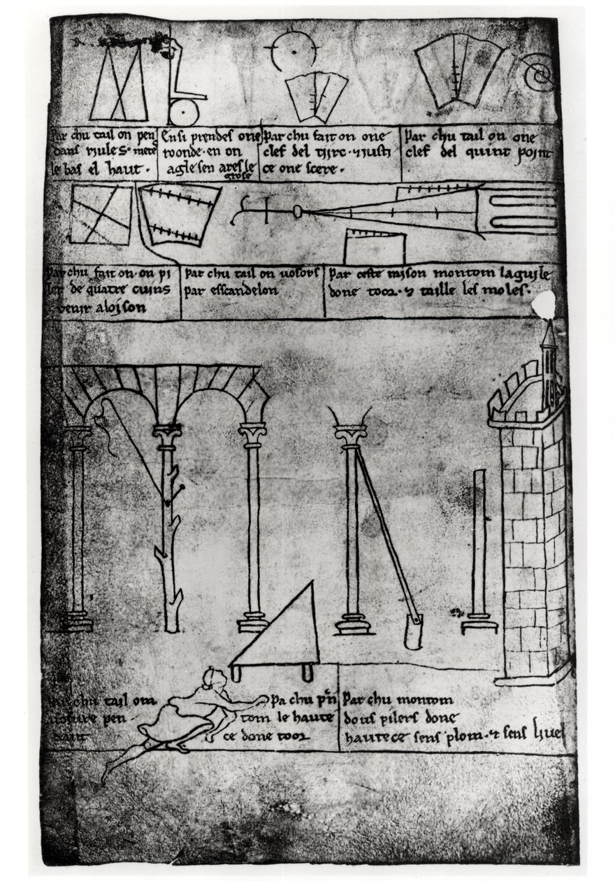 Ms.Fr.19093 fol.20v Geometriai alakzatok építkezéshez, boltívek és toronymagasságot mérő ember (fakszimile másolat) alkotó: Villard de Honnecourt
