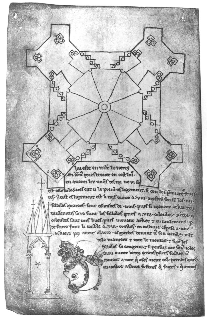 Ms 19093 fol.9v Laoni katedrális tornya tervrajzának fakszimile másolata, egy szakállas férfi feje és egy gótikus ablak alkotó: Villard de Honnecourt