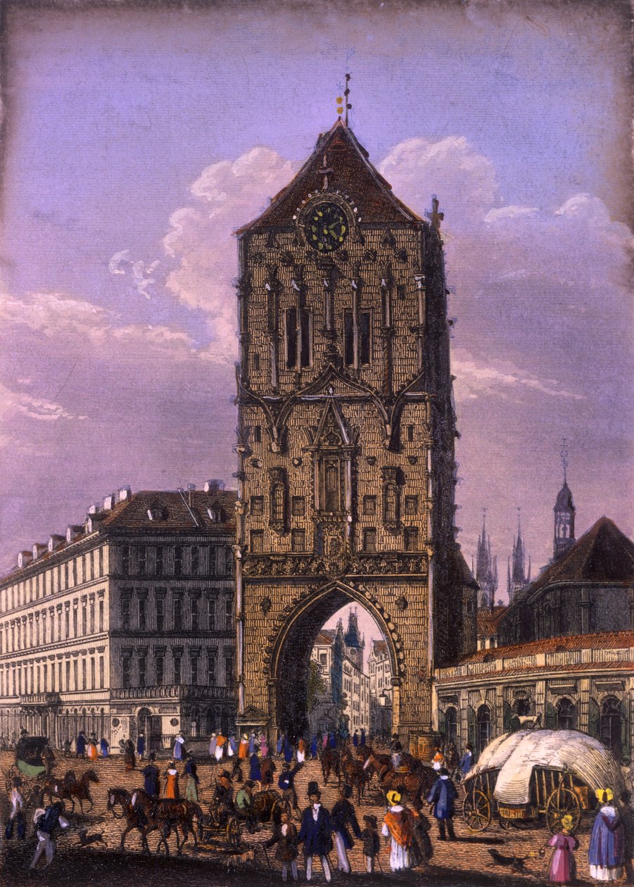 Portorony, Prága, 1840 körül (színes acélmetszet) alkotó: Vincenc Morstadt