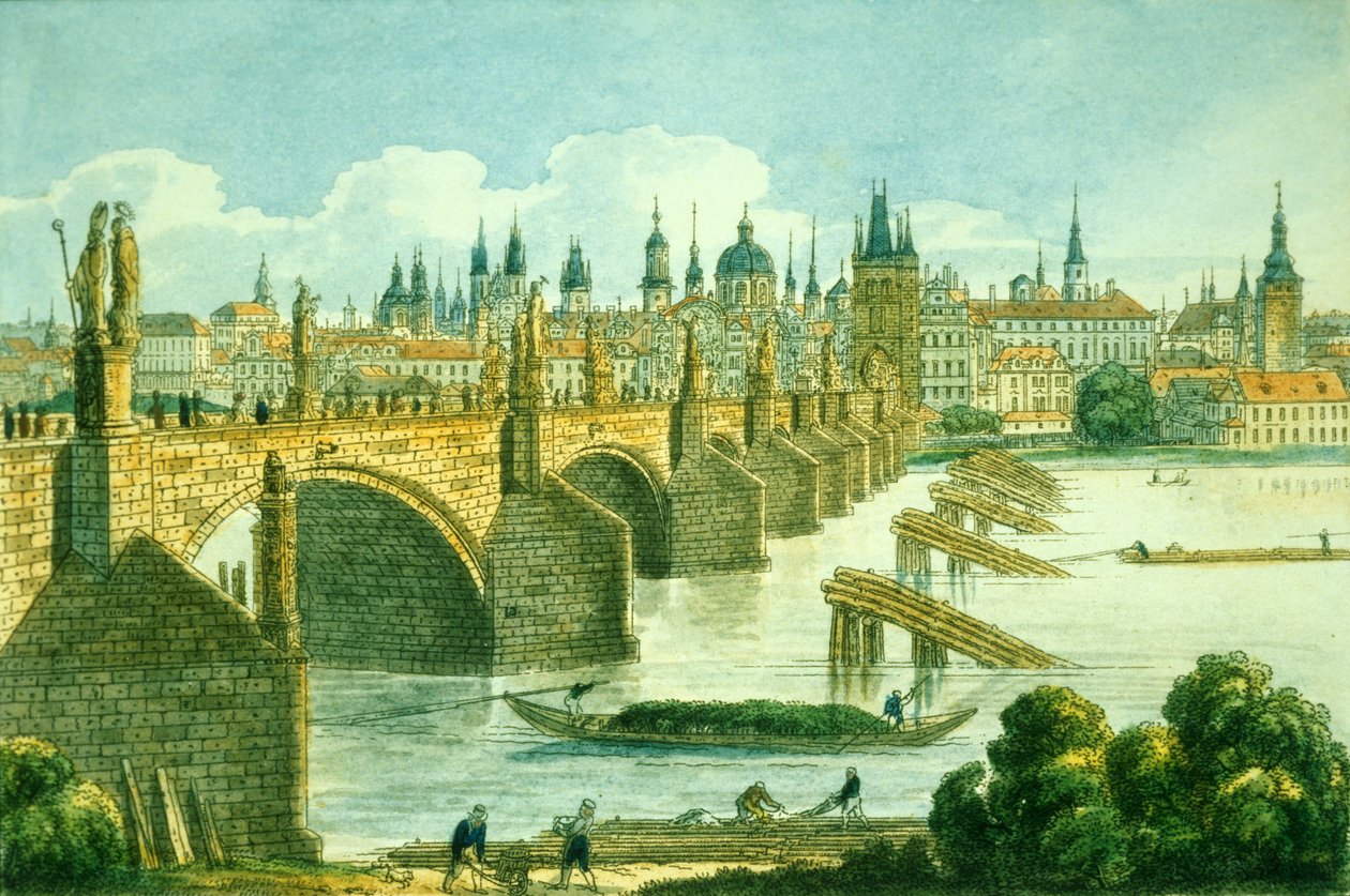 Prága óvárosa a Kampa-szigetről, 1830 körül (színes rézkarc) alkotó: Vincenc Morstadt