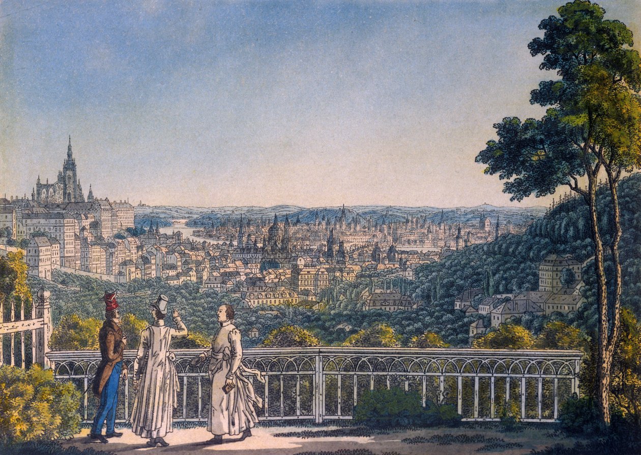 Prágai kilátás a Strahov-kolostor kertjéből, 1835 (színes rézkarc) alkotó: Vincenc Morstadt
