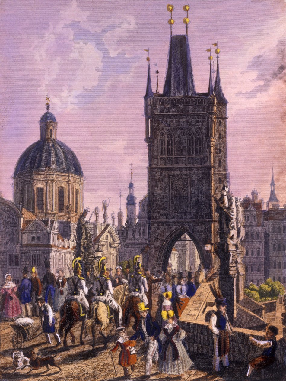 Kilátás az Óvárosi hídtoronyra a Károly-hídról, 1847 (színes acélmetszet) alkotó: Vincenc Morstadt