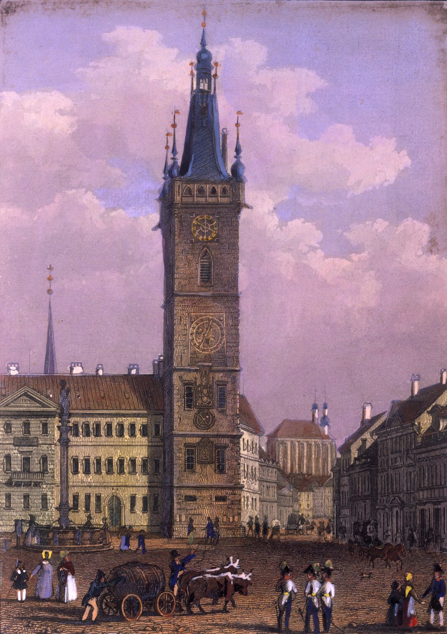 Új Városháza, Prága, 1847 (színes acélmetszet) alkotó: Vincenc Morstadt