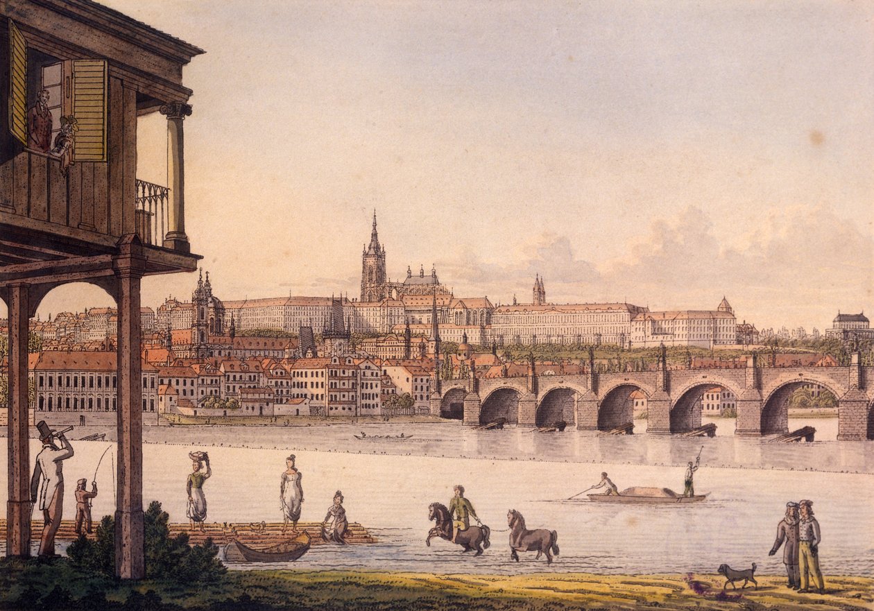 A kis negyed és a prágai vár Hradzsin látképe a Papouek-fürdőből, 1825 (színes metszet) alkotó: Vincenc Morstadt