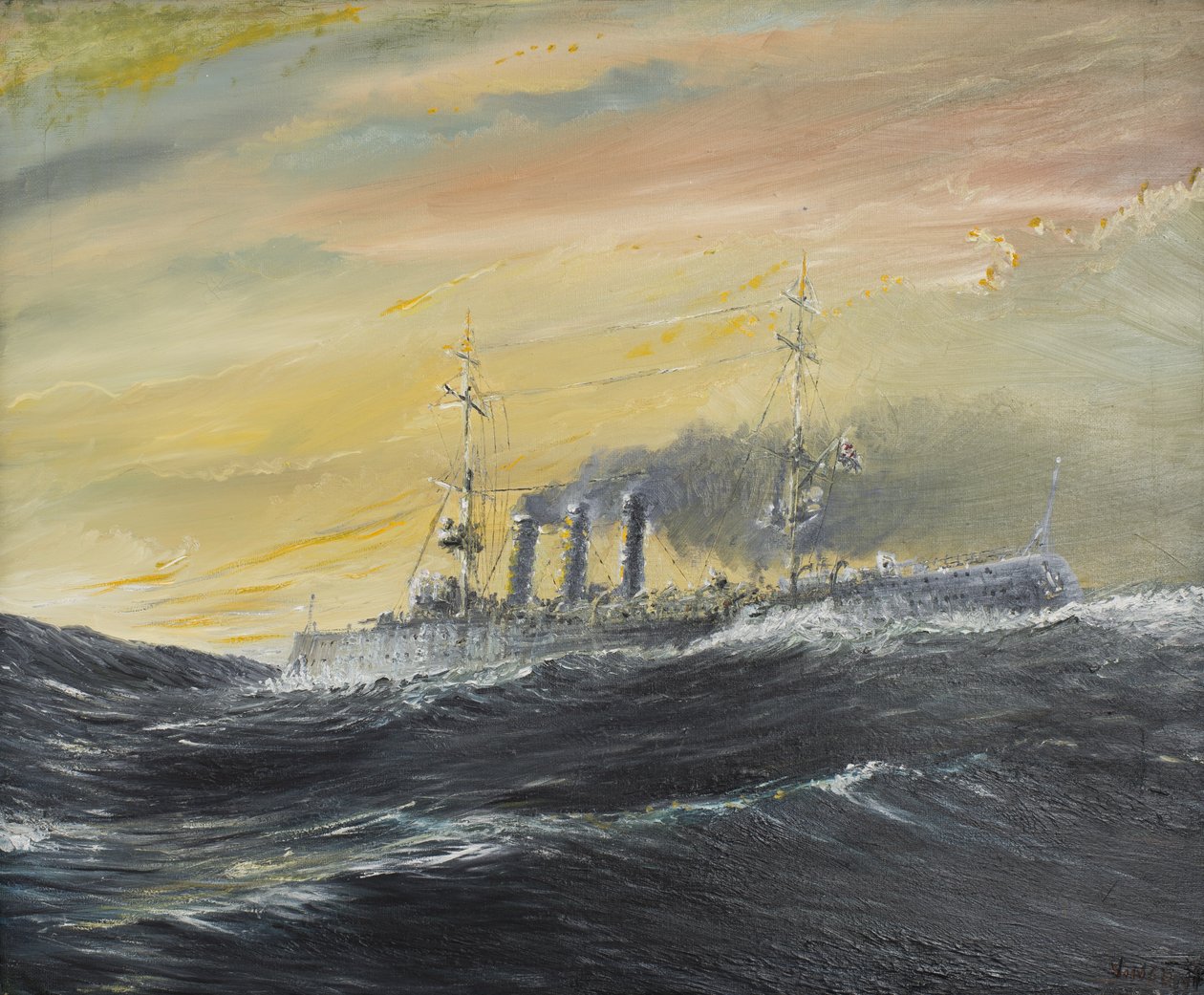 Emden meglovagolja az Indiai-óceán hullámait 1914, 2011, (Olaj, vászon) alkotó: Vincent Alexander Booth