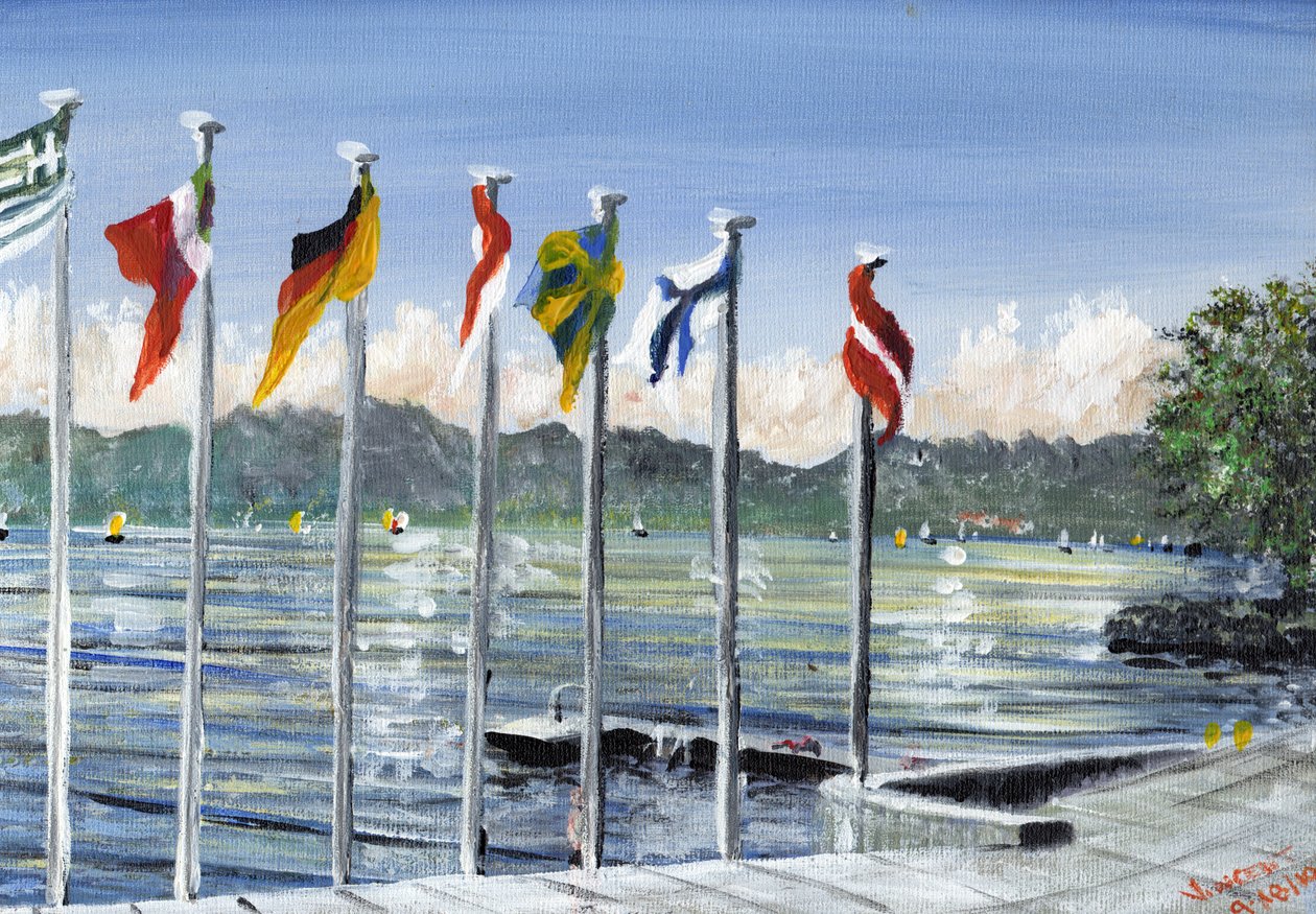 Flags on Lac Leman, 2010, (akril, vászon táblán) alkotó: Vincent Alexander Booth