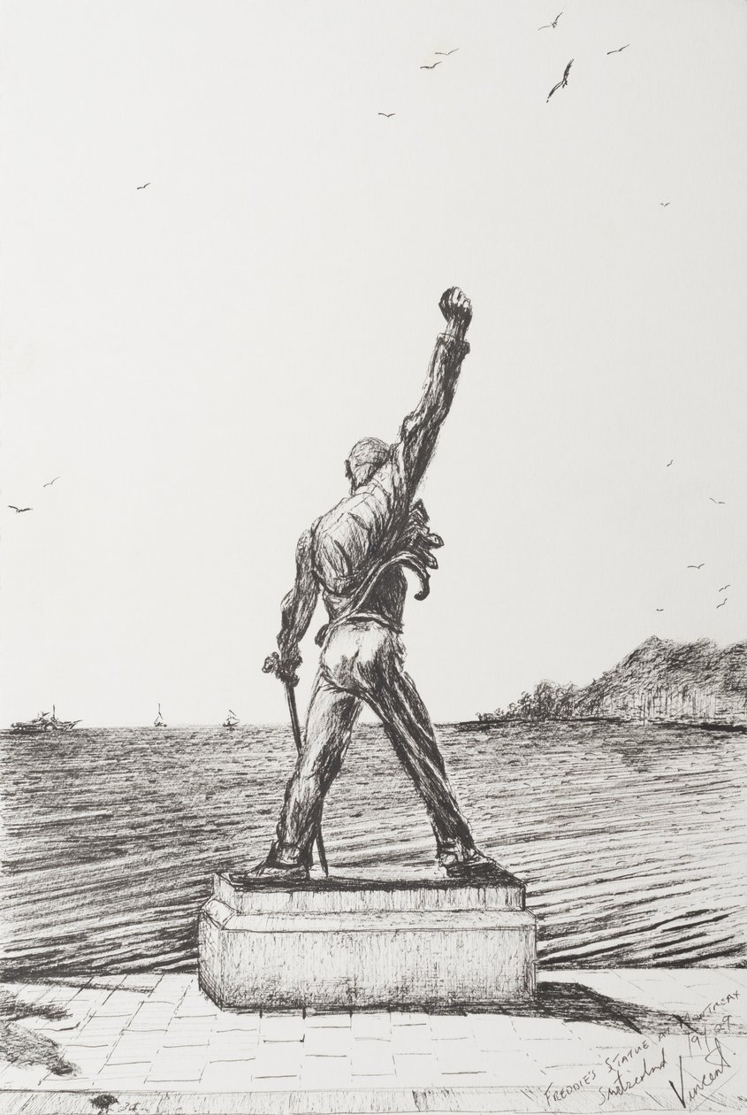 Freddie Mercury szobor, Montreux, Svájc, 2009, (Tinta a papíron) alkotó: Vincent Alexander Booth
