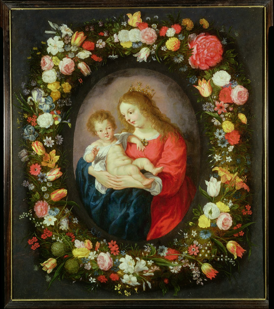 Madonna és gyermeke virágfüzérben (olaj) alkotó: Vincent Sellaer