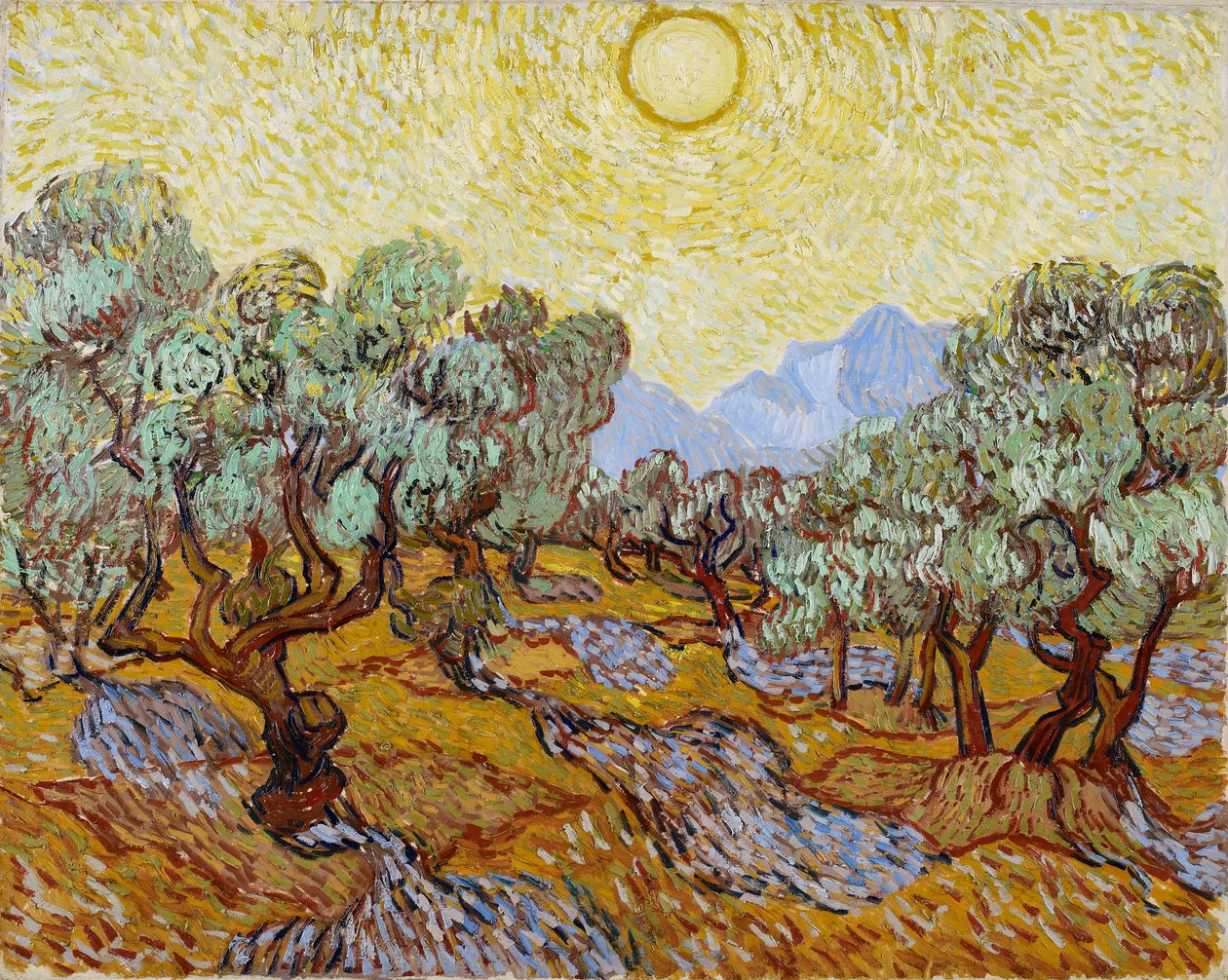 Olajfák, sárga ég és a nap alkotó: Vincent van Gogh
