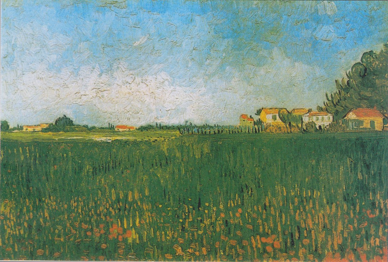 Parasztházak egy búzatáblán Arles közelében alkotó: Vincent van Gogh