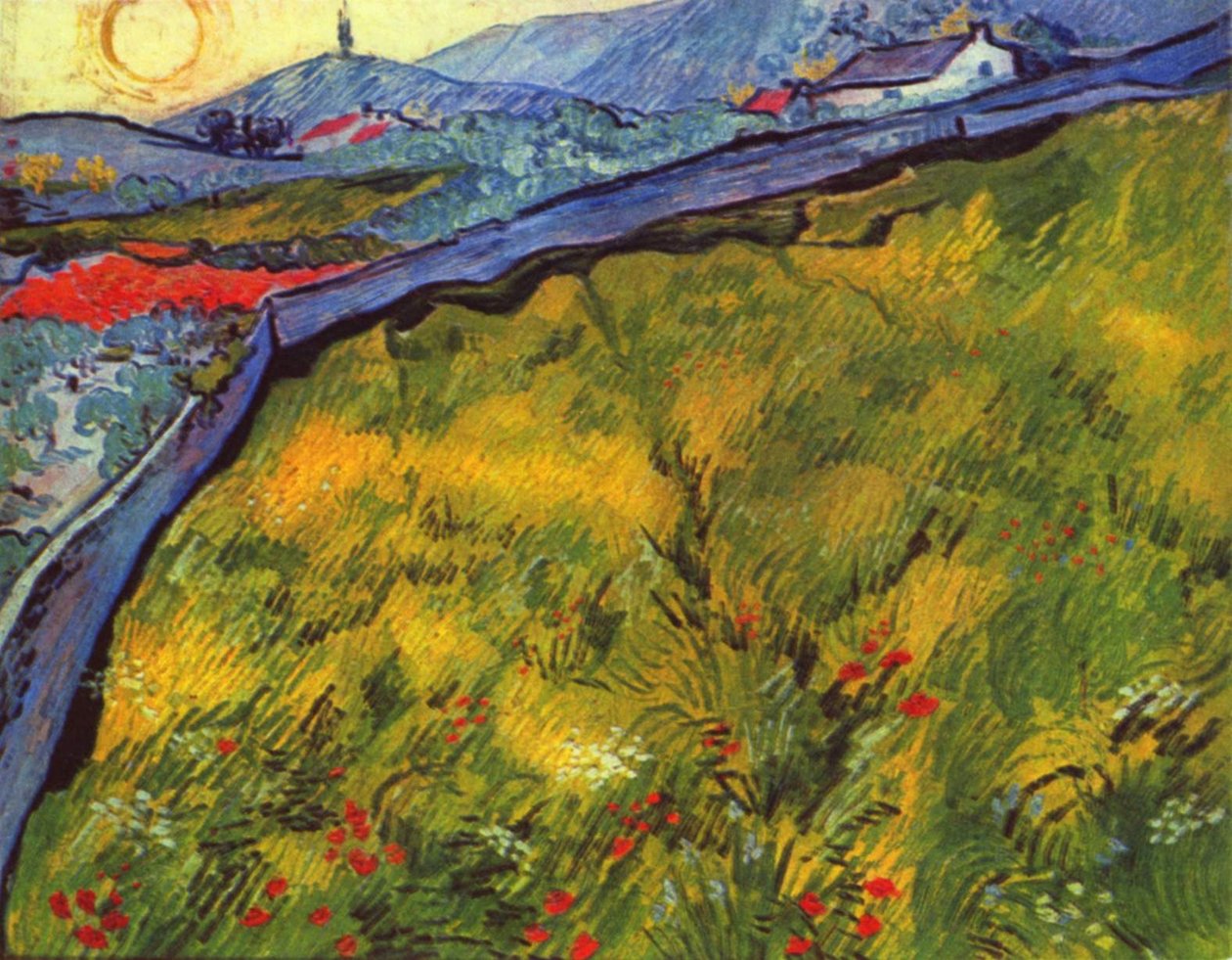 Hegyi táj napkeltekor elkerített réten alkotó: Vincent van Gogh