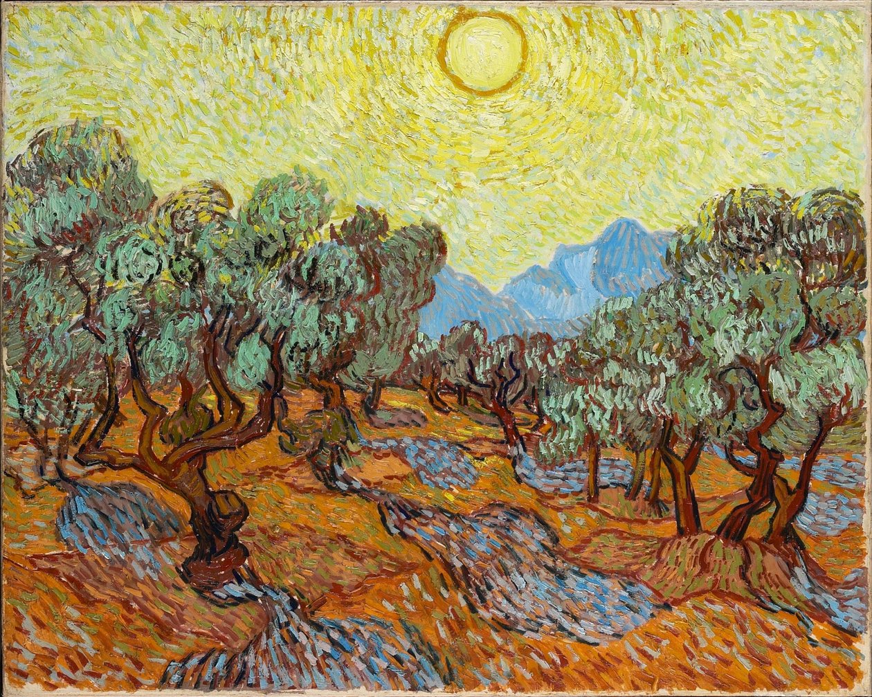 Olajfák, sárga ég és a nap alkotó: Vincent van Gogh