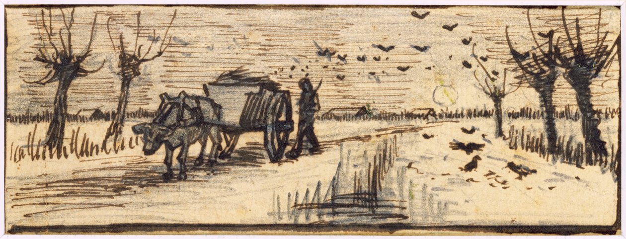 Ökörkocsi a hóban, a négy évszakot ábrázoló négy rajzból (ceruza, toll és barna tinta papíron) (lásd még: 61644-6) alkotó: Vincent van Gogh